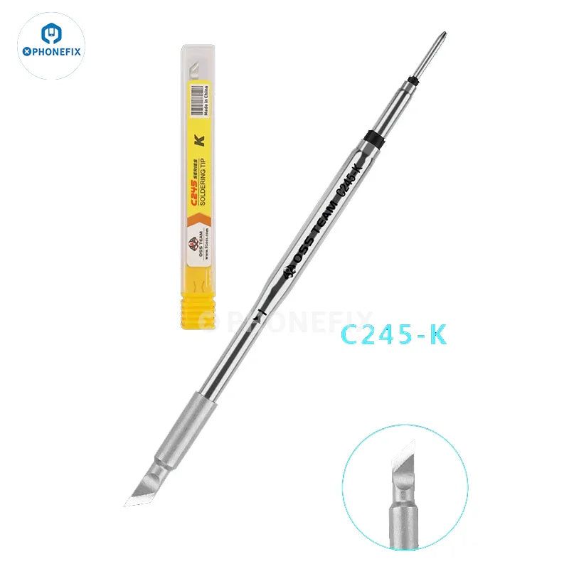Phonefix OSS C210 C245 C115 soldering iron tips for T210, T115, T245 handles, showing various replacement tips for precision soldering.