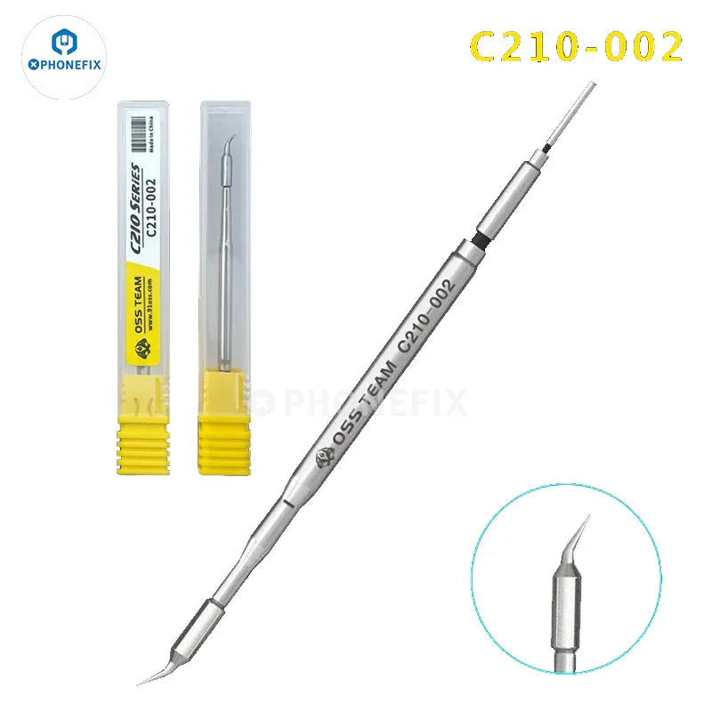 PhoneFix OSS C210 C245 C115 soldering iron tips for T210, T115, and T245 handles, shown in a close-up image.