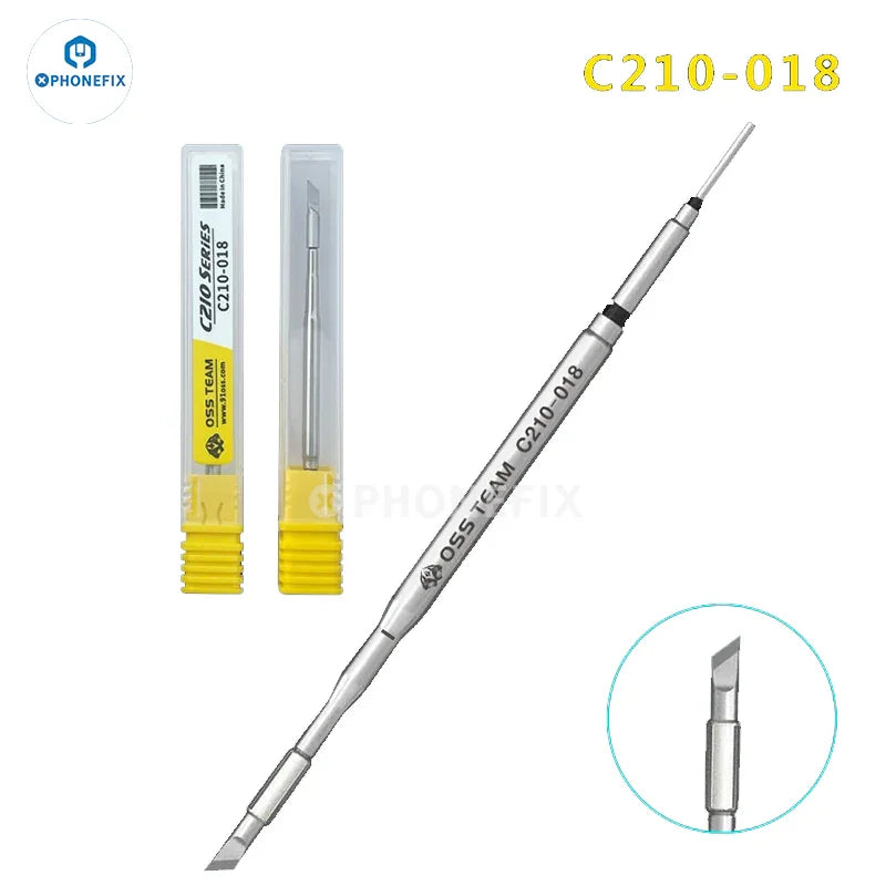 PhoneFix OSS C210 C245 C115 soldering iron tips for T210, T115, and T245 handles, shown with metallic tips and handles.
