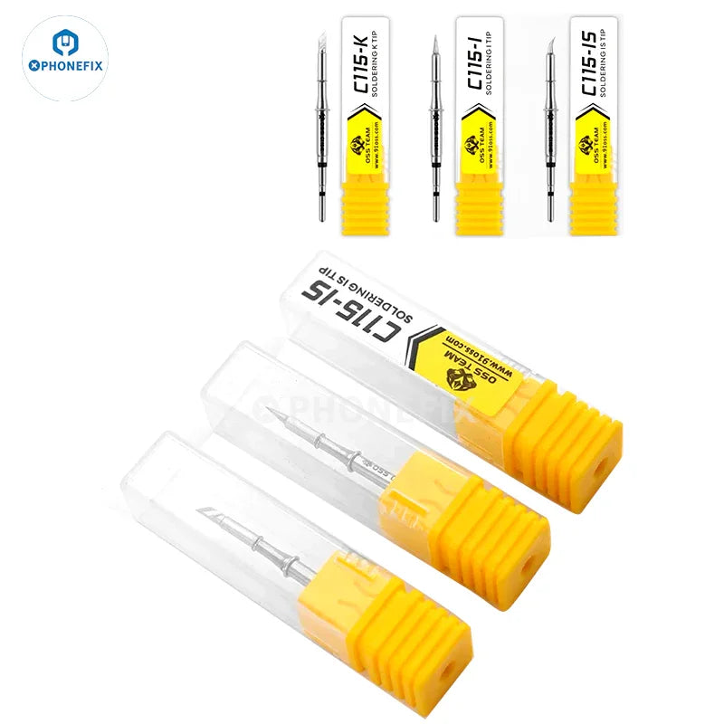PhoneFix OSS C210 C245 C115 soldering iron tips for T210, T115, T245 handles, shown in a close-up image.