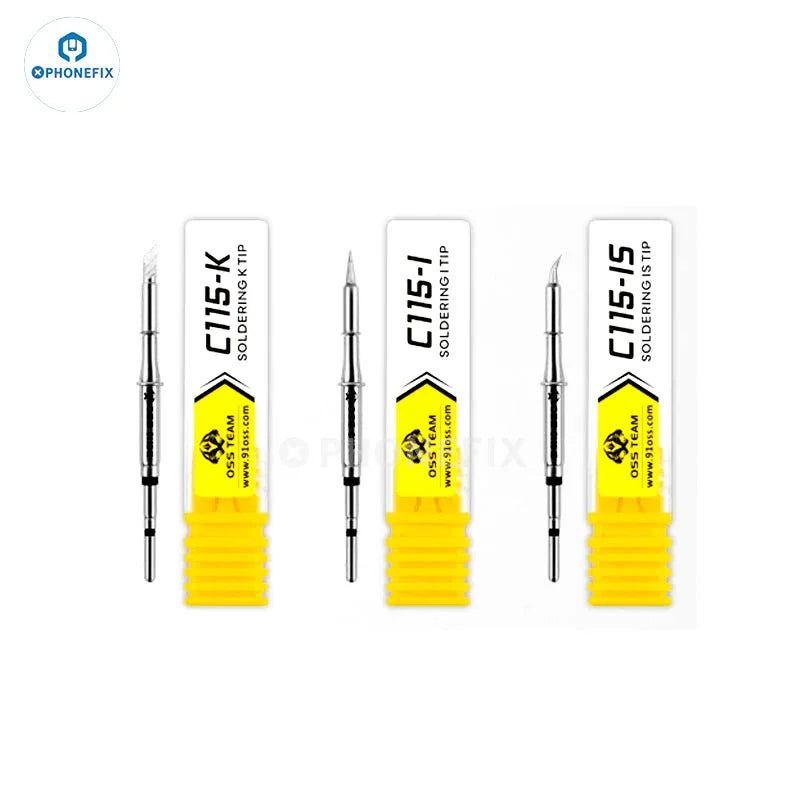PhoneFix OSS C210 C245 C115 soldering iron tips for T210, T115, T245 handles, showing close-up of metal tips for electronics soldering.