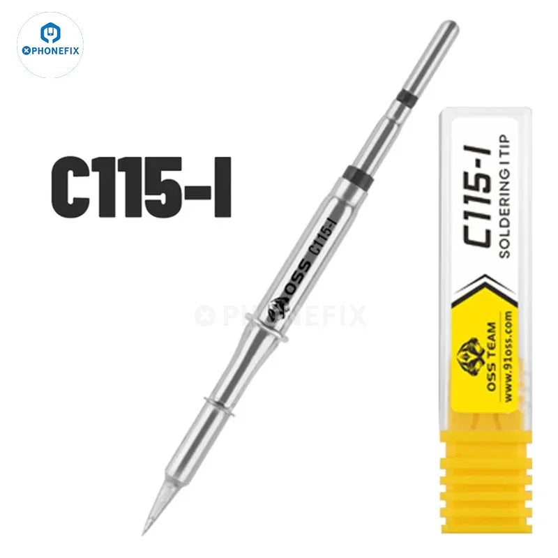 PhoneFix OSS C210 C245 C115 soldering iron tips for T210, T115, T245 handles, showing close-up of metal tips.