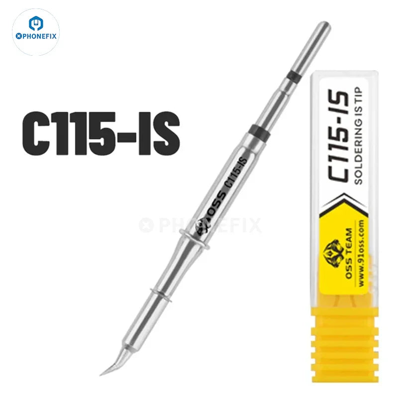 PhoneFix OSS C210 C245 C115 soldering iron tips for T210, T115, and T245 handles, shown with metal tips and branding.