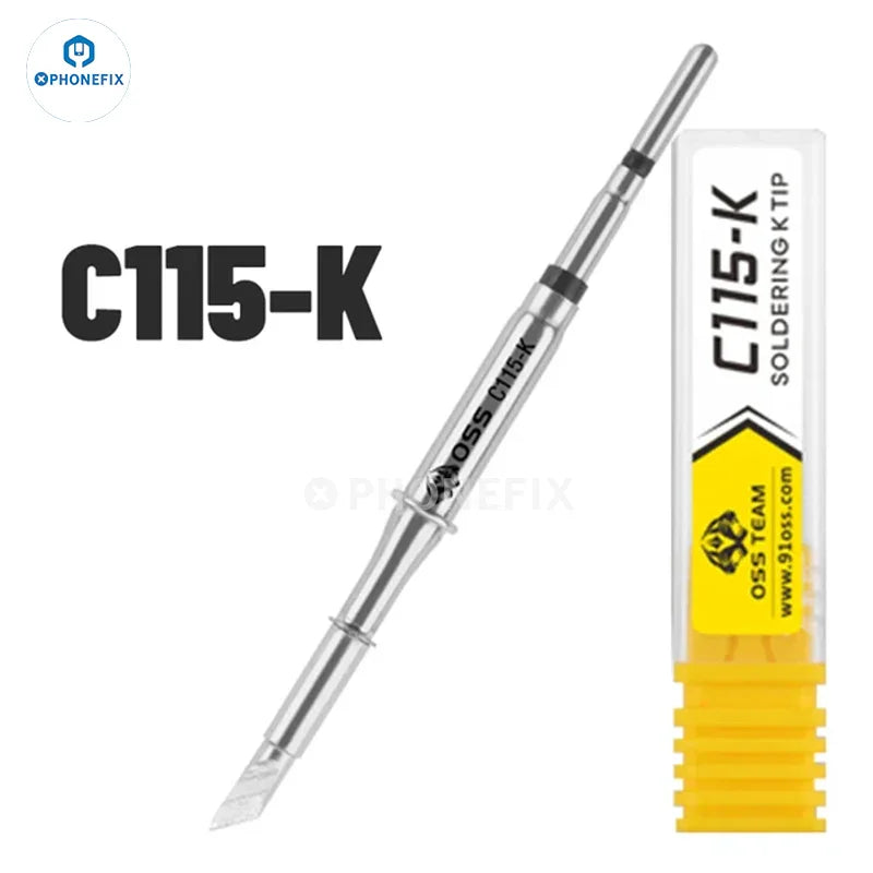 PhoneFix OSS C210 C245 C115 soldering iron tips for T210, T115, and T245 handles, shown in a close-up image.