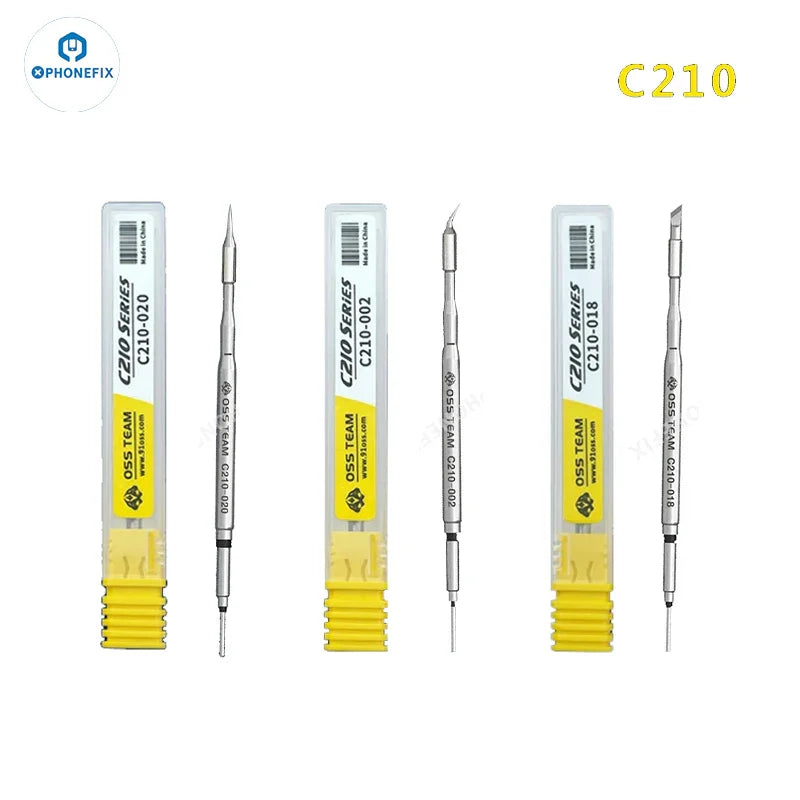 PhoneFix OSS C210 C245 C115 soldering iron tip for T210, T115, T245 handles, shown attached to soldering iron.