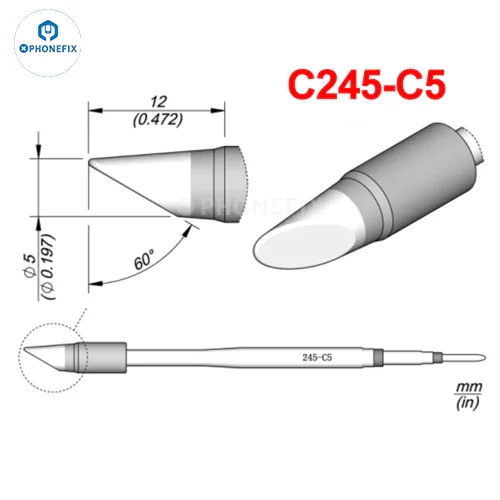 OEM JBC C245 series soldering iron tip compatible with T245 handle, shown on PHONEFIX soldering iron for electronics repair.