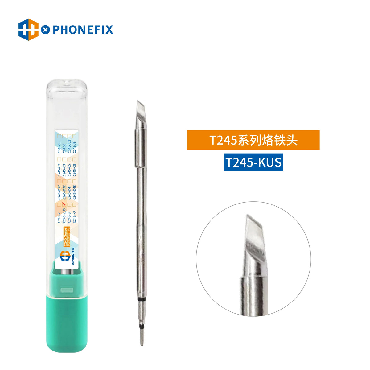 OEM JBC C245 series soldering iron tip compatible with T245 handle, shown on PHONEFIX soldering iron tool.