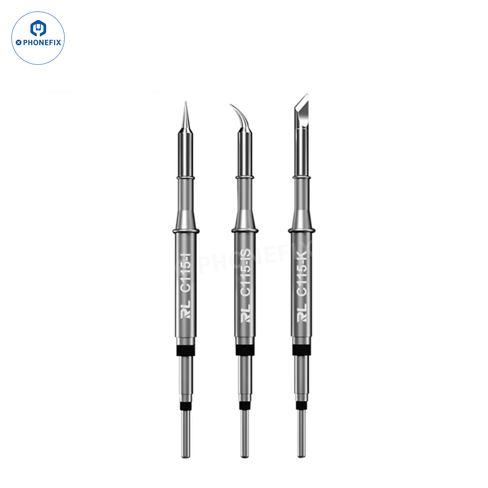 PhoneFix Sunshine Relife C210 C115 C245 T12 series soldering iron tip on a workbench, showing the precision tip for electronic soldering.