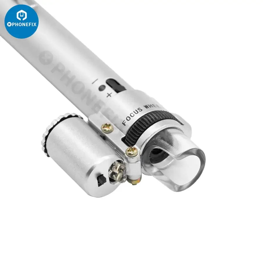 PhoneFix 100x handheld LED pen-style microscope loupe magnifier for detailed soldering and electronics inspection.