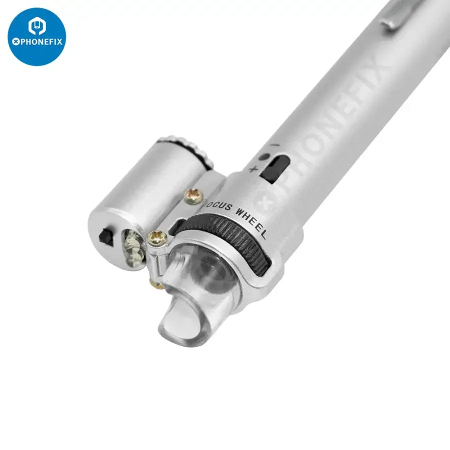 PhoneFix 100x handheld LED pen-style microscope loupe magnifier for detailed soldering inspections.