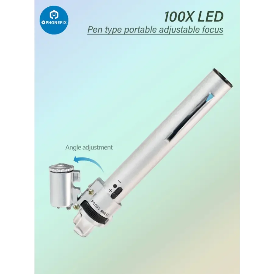 PHONEFIX 100X handheld LED pocket microscope with pen-style design, magnifying small objects for detailed inspection.