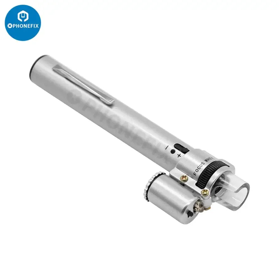 PHONEFIX 100x handheld LED pen-style microscope loupe magnifier showing detailed close-up of small electronic components.