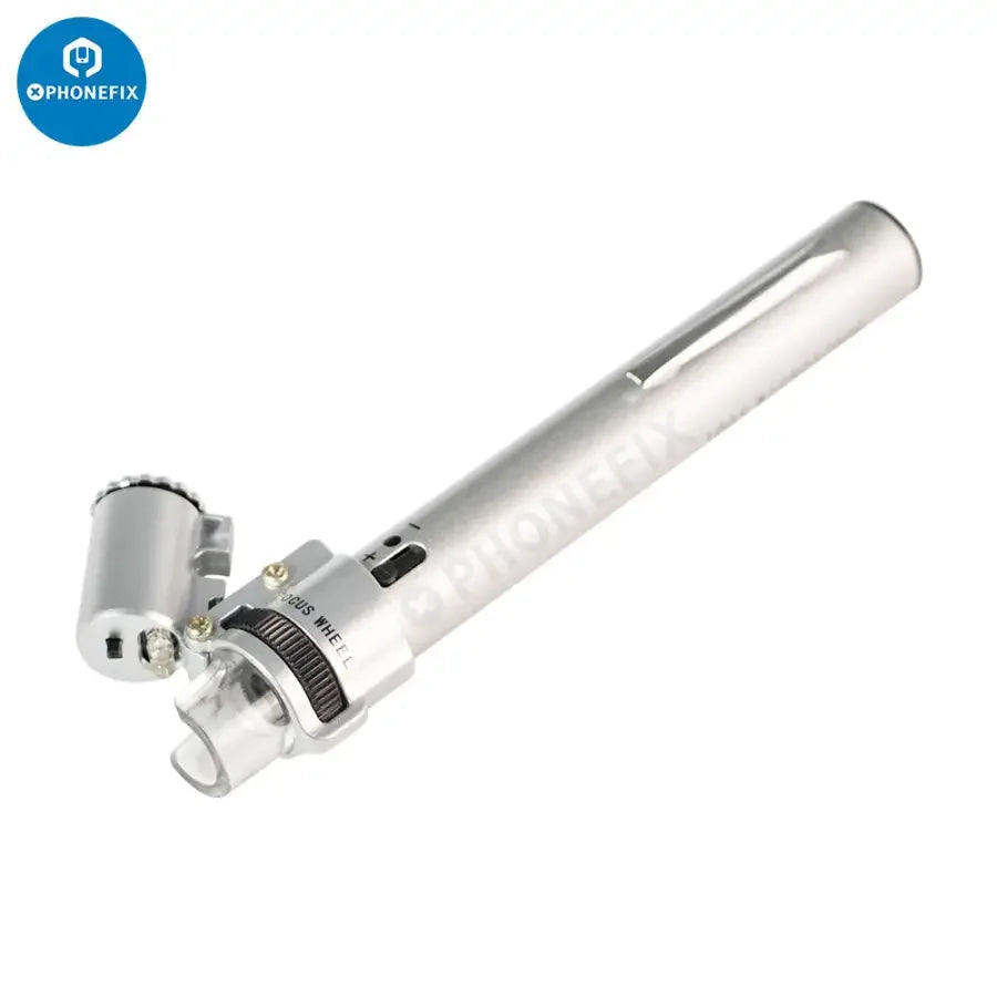PhoneFix 100x handheld LED pen-style microscope loupe magnifier for detailed soldering and electronic inspection.