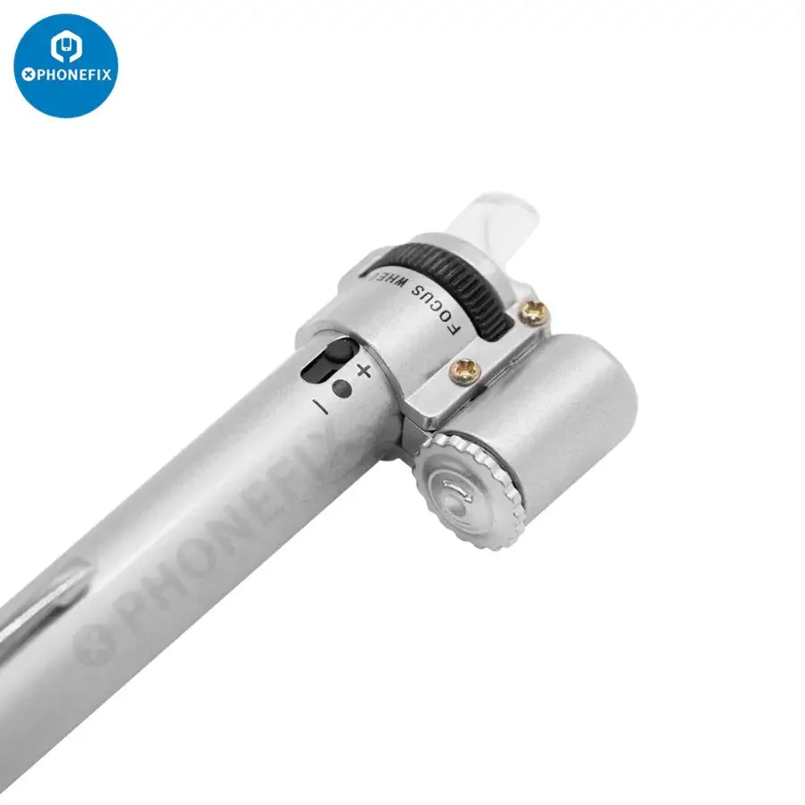 Phonefix 100x handheld pocket LED pen-style microscope loupe magnifier with bright LED light for detailed soldering inspection.