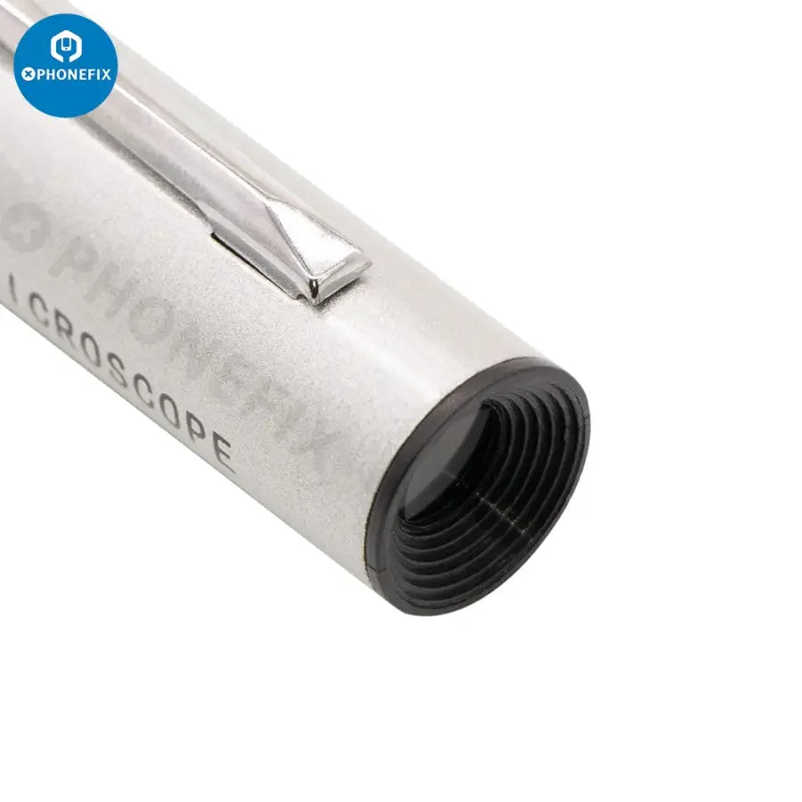 PHONEFIX 100X handheld LED pen-style microscope loupe magnifier for detailed soldering and electronic inspection.