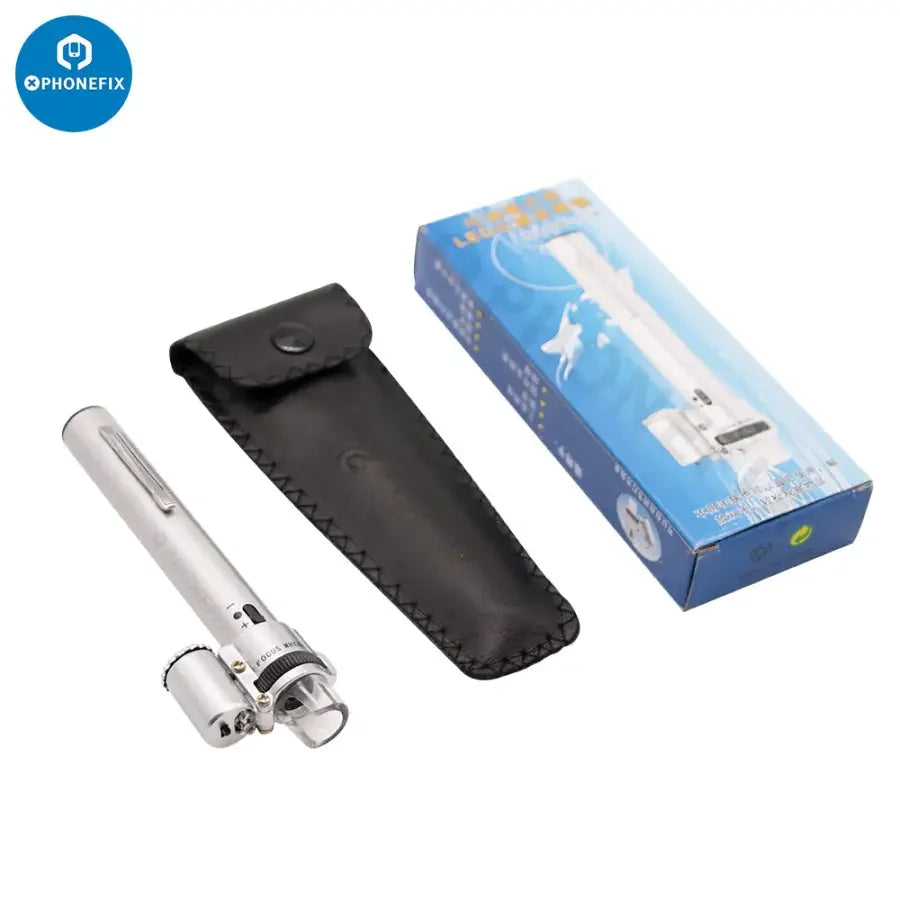 Handheld pocket LED pen-style microscope loupe magnifier by PHONEFIX, 100x magnification, ideal for soldering and detailed inspection.