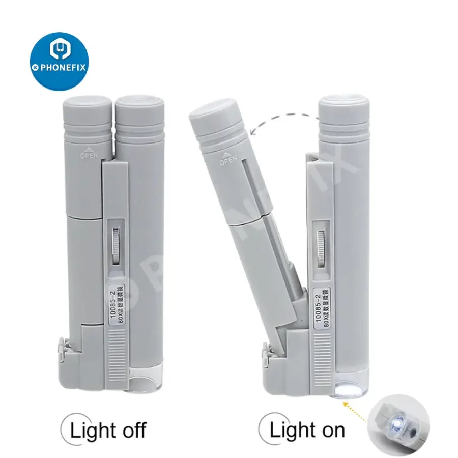Mini foldable LED microscope magnifier with scale from PHONEFIX, soldering magnifying glass for phone repair and detailed inspection.