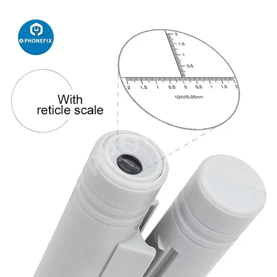 PhoneFix mini foldable LED microscope magnifier with scale, ideal for phone repair, soldering, and detailed electronic inspection.