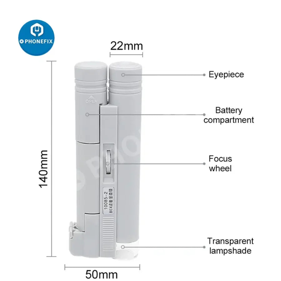 PhoneFix mini foldable LED microscope magnifier with scale, ideal for phone repair and detailed soldering inspection.