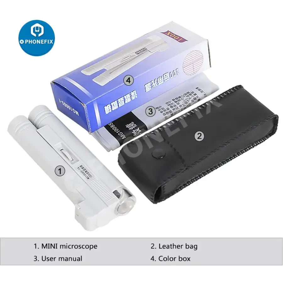 PhoneFix mini foldable LED microscope magnifier with scale, soldering magnifying glass for detailed phone repair work.