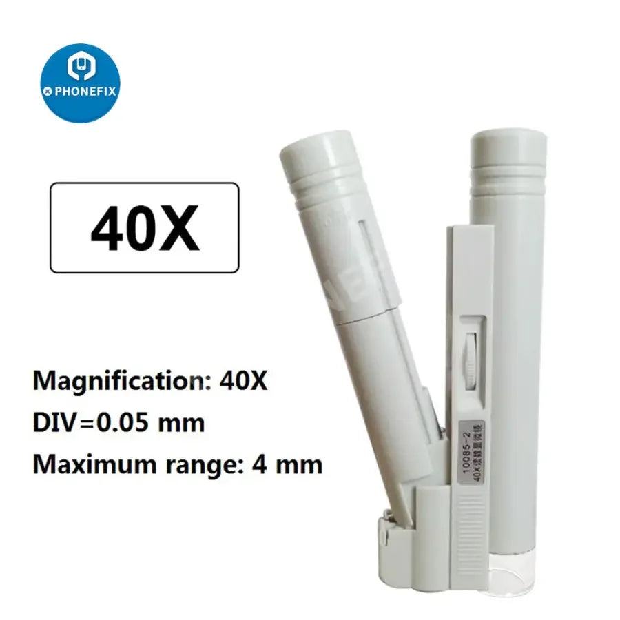 PhoneFix mini foldable LED microscope magnifier with scale, soldering magnifying glass for phone repair and detailed inspection.