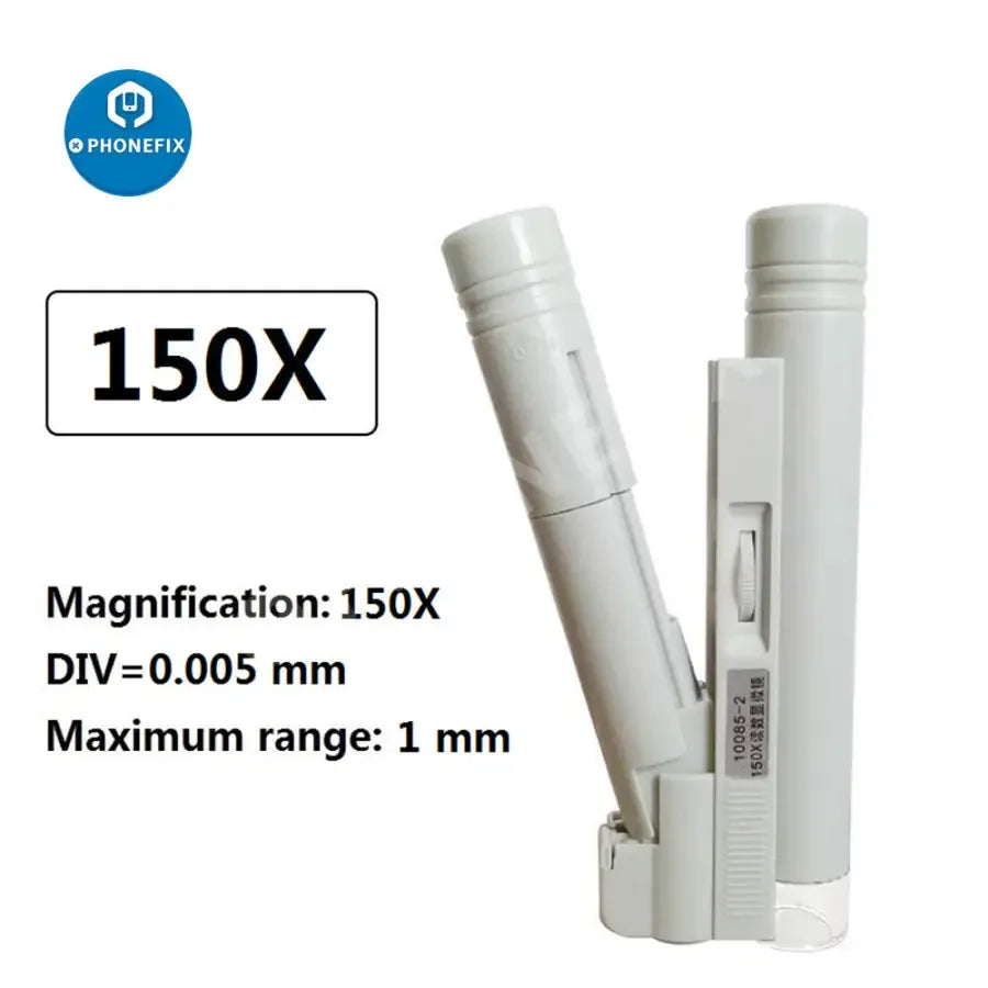 PHONEFIX mini foldable LED microscope magnifier with scale, soldering magnifying glass ideal for phone repair and detailed inspection.