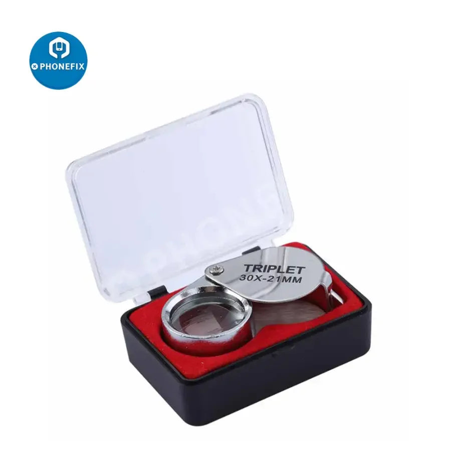 PhoneFix 10x-30x multi-function metal folding jewelry loupe magnifying glass for detailed soldering and jewelry inspection.