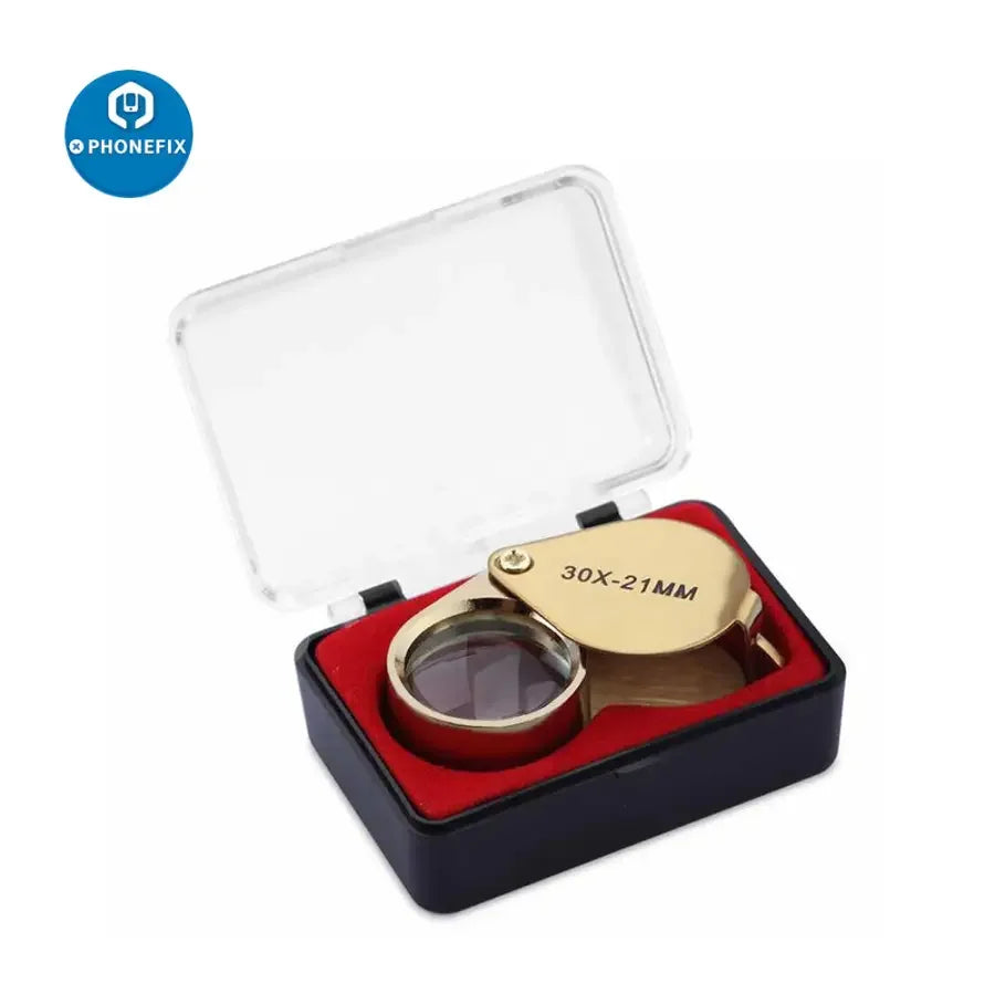 PhoneFix multi-function metal jewelry loupe magnifying glass with 10X-30X zoom, folding design, ideal for soldering and detailed work.