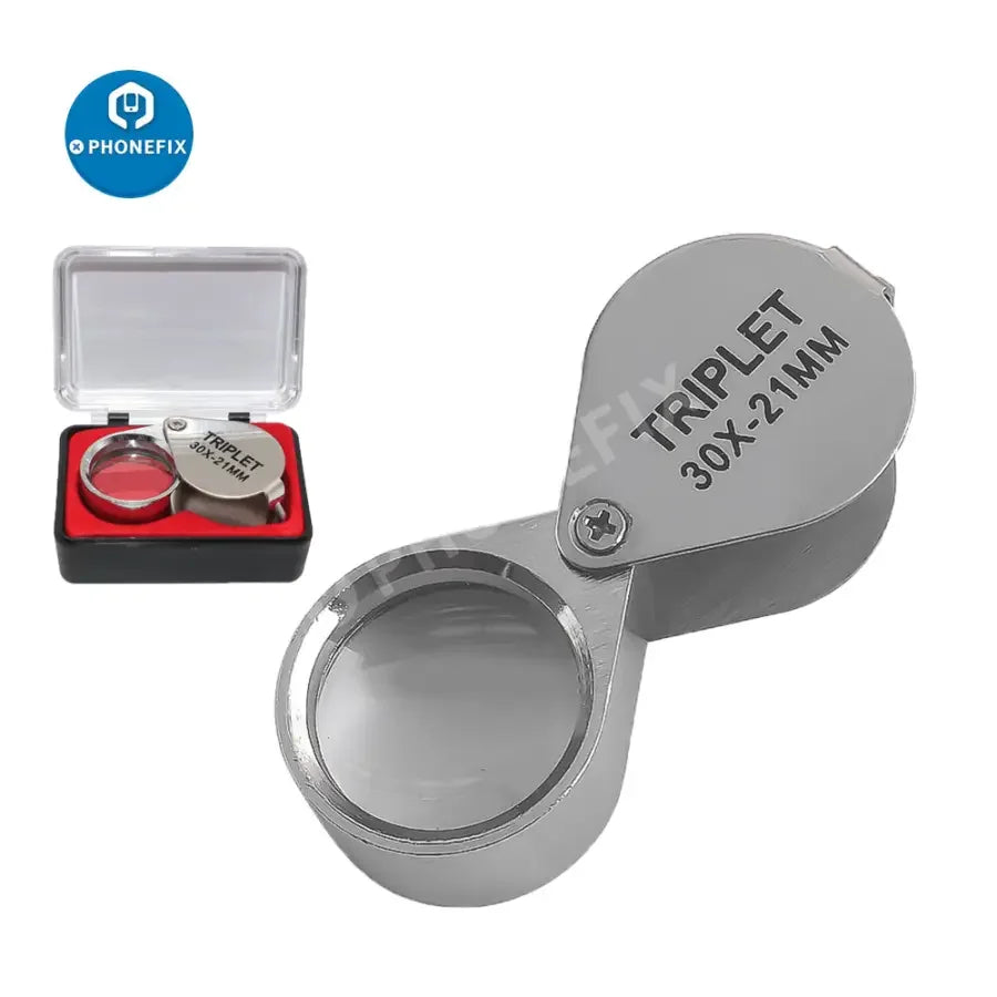 PhoneFix metal soldering magnifying glass with 10x-30x zoom, folding jewelry loupe, silver finish, multi-function, portable and durable.