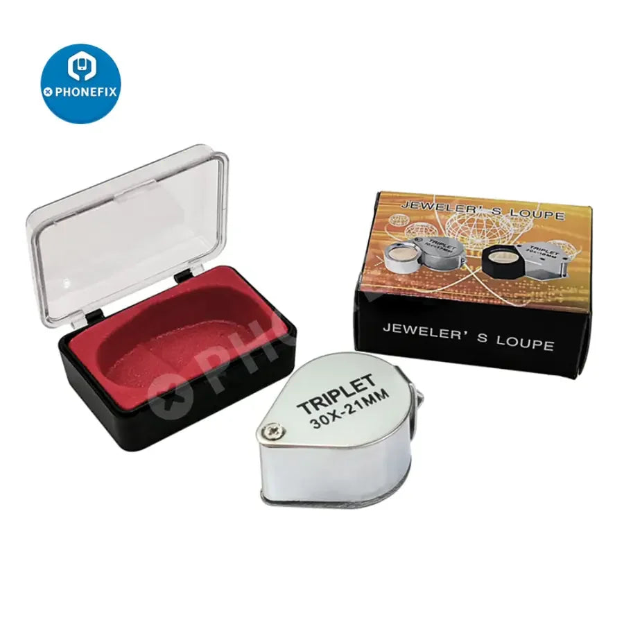 PHONEFIX metal folding jewelry loupe magnifying glass with 10x-30x zoom, compact soldering magnifier for detailed inspection.