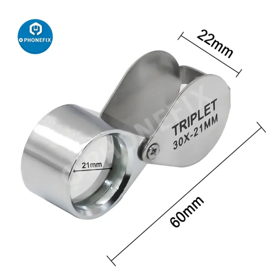 PHONEFIX metal folding jewelry loupe magnifying glass, 10x-30x zoom, multi-function soldering magnifier with silver finish.