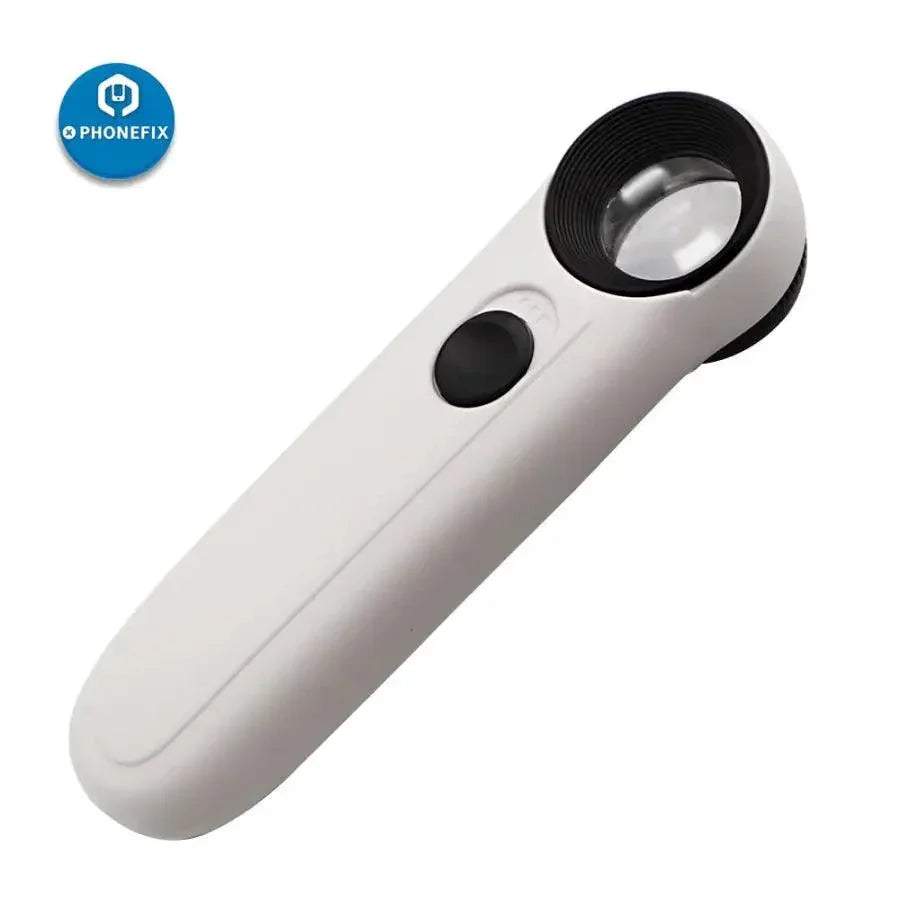 PHONEFIX LED handheld magnifier glass with 40x HD magnification and LED light for PCB circuit board repair and detailed soldering.