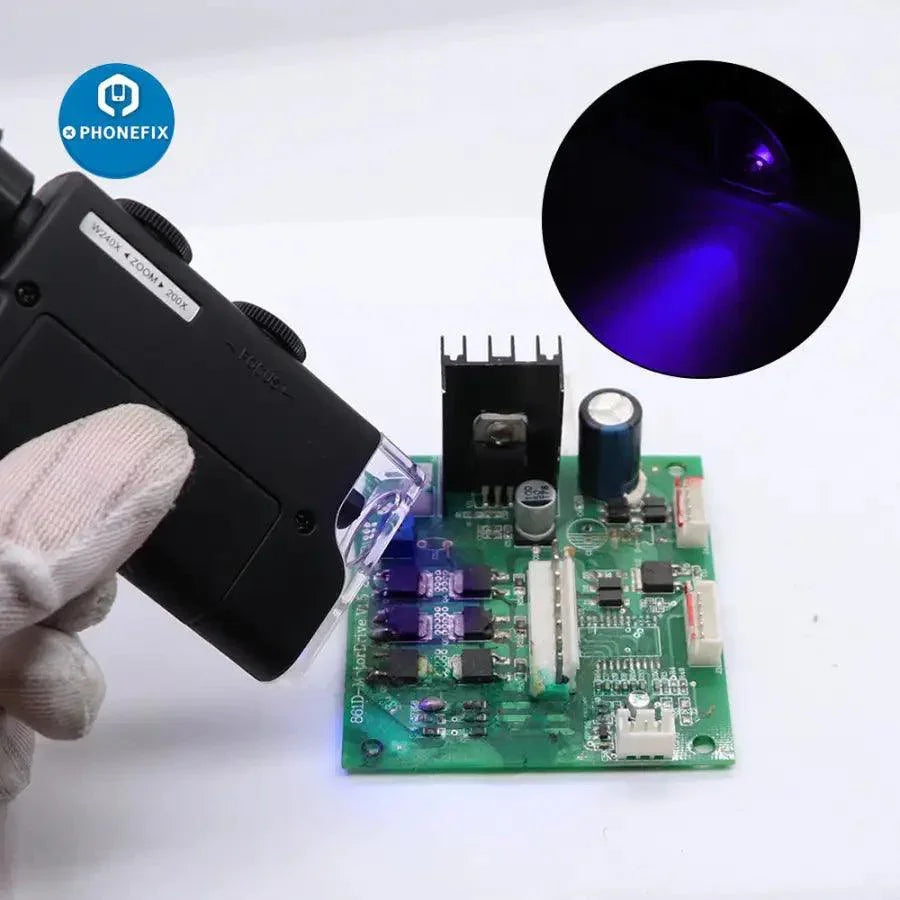 PhoneFix Carson MicroBrite Plus LED lighted pocket microscope with 60x-240x magnification, compact soldering magnifying glass.