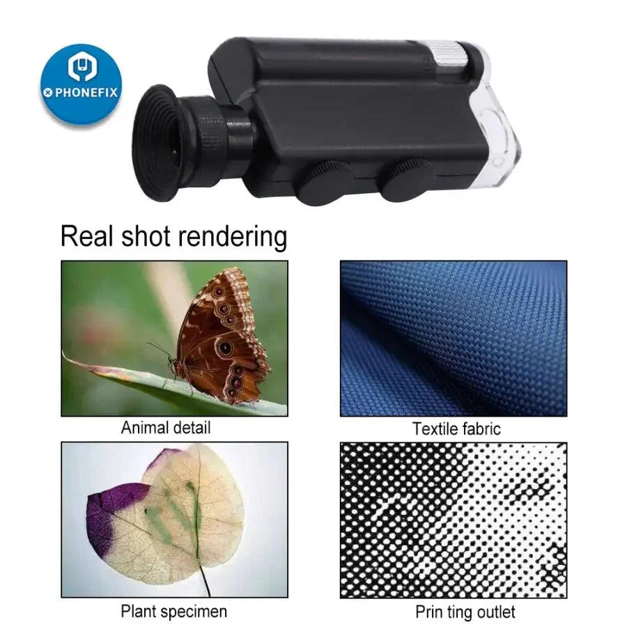 PhoneFix Carson MicroBrite Plus LED lighted pocket microscope with 60x-240x magnification, soldering magnifying glass for detailed inspection.