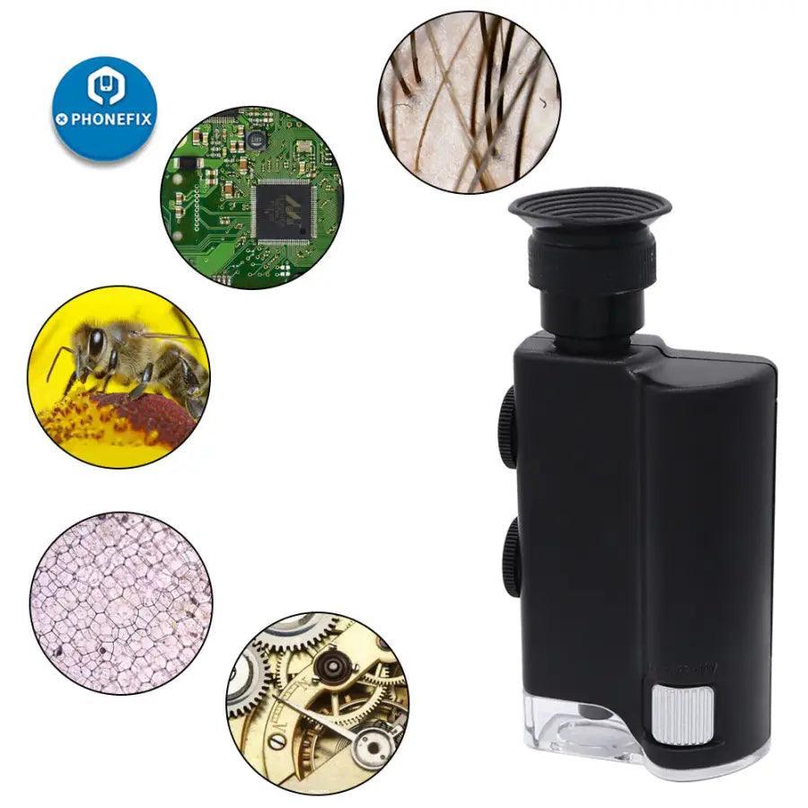 Phonefix Carson MicroBrite Plus LED lighted 60x-240x pocket microscope for soldering magnification and detailed inspection.