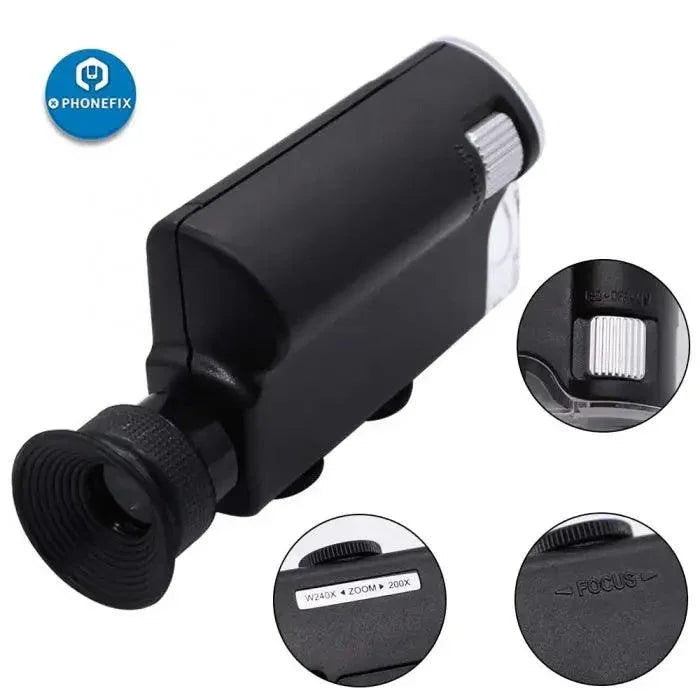 PHONEFIX Carson MicroBrite Plus LED pocket microscope with 60x-240x magnification and built-in light for detailed soldering inspections.