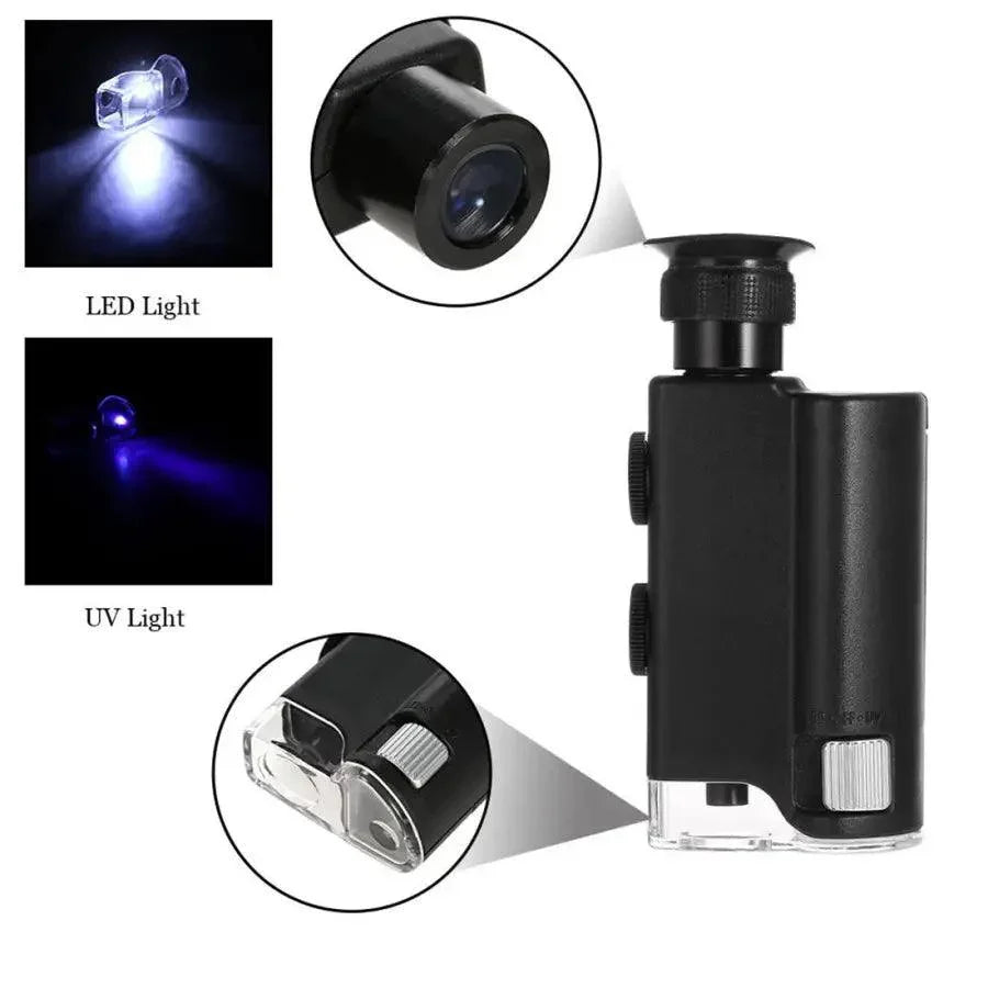 Carson MicroBrite Plus LED lighted pocket microscope with 60x-240x magnification, used as a soldering magnifying glass by PHONEFIX.