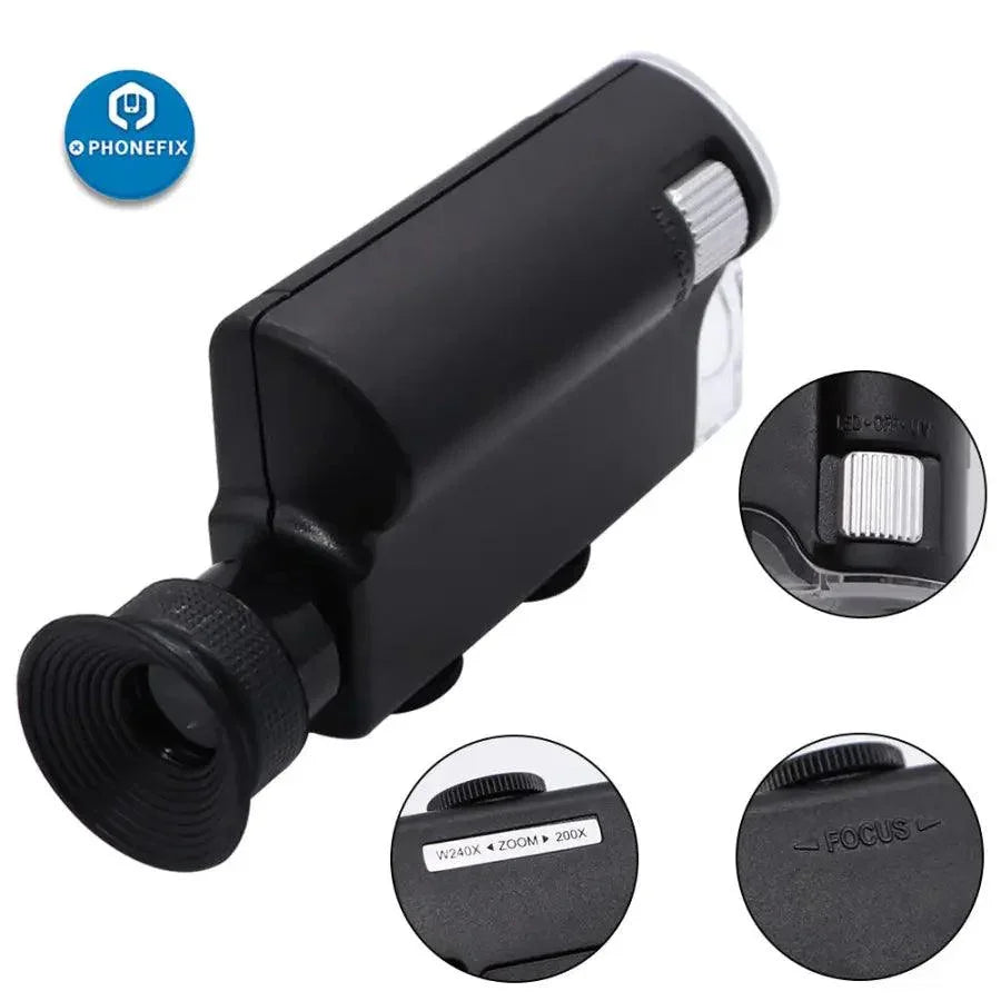 Mini loupe de soudage portable PHONEFIX avec grossissement 60X-240X, microscope de poche compact et loupe pour une inspection détaillée.