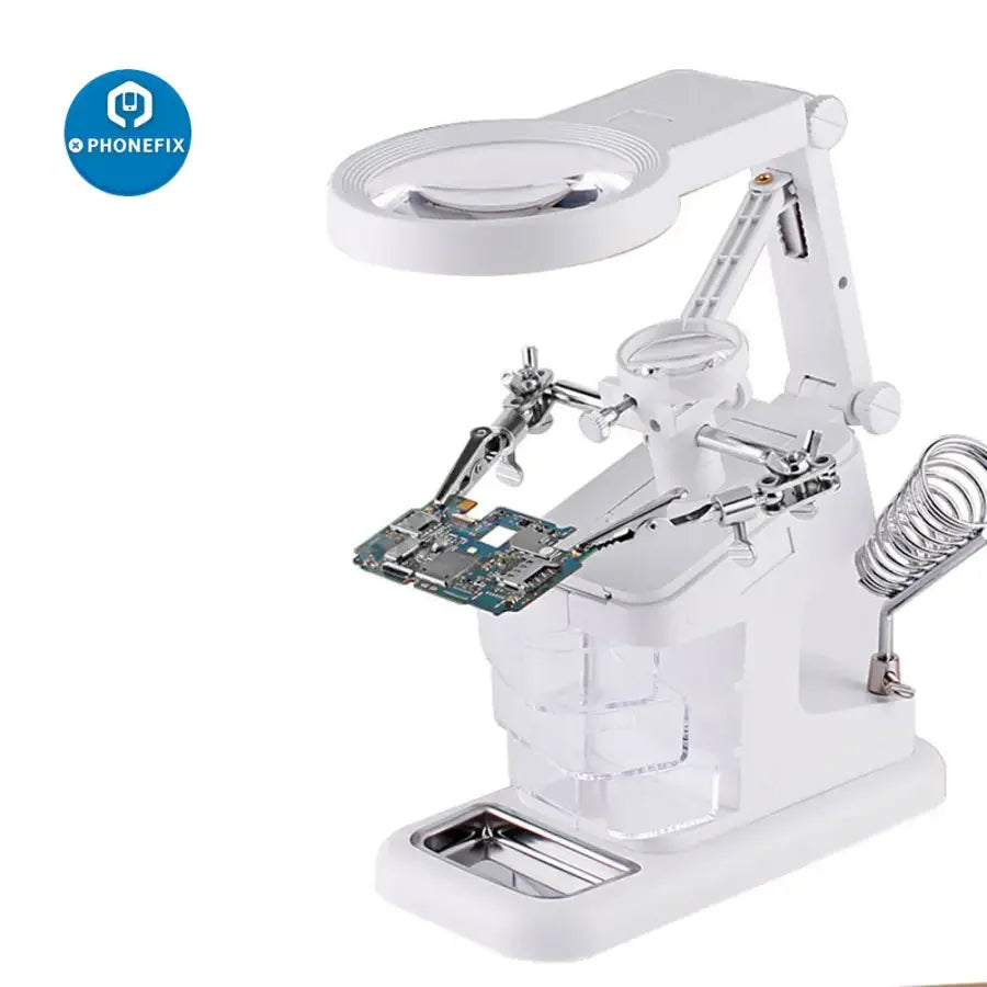 PHONEFIX soldering magnifier stand with LED alligator clips, ideal for rework stations and detailed electronic repairs.