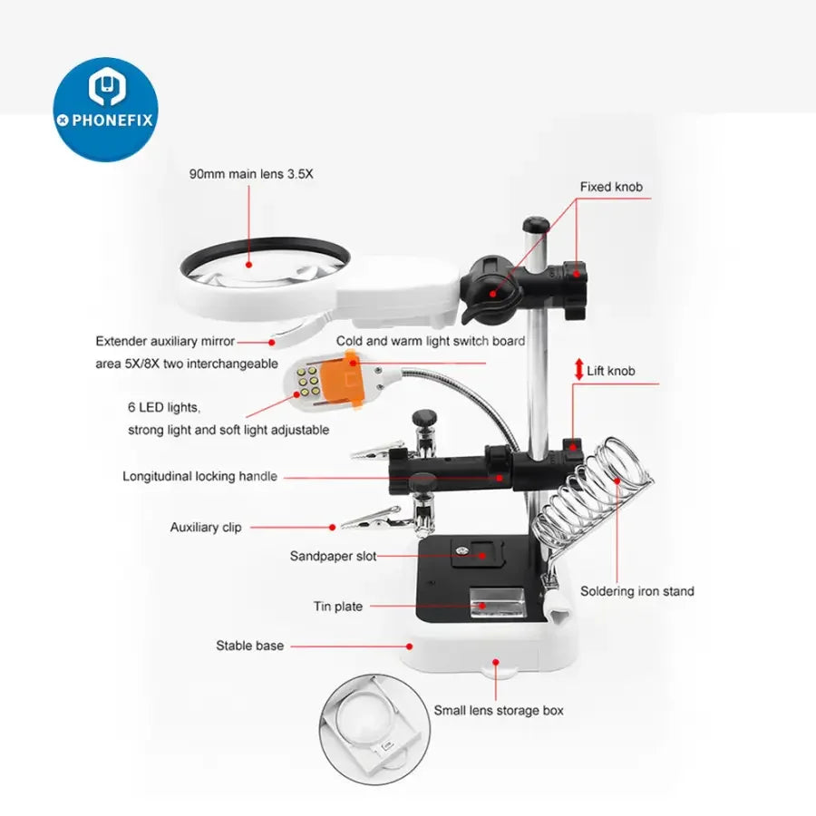 PhoneFix magnifier soldering iron stand with LED light and alligator clips, ideal for rework and detailed soldering tasks.