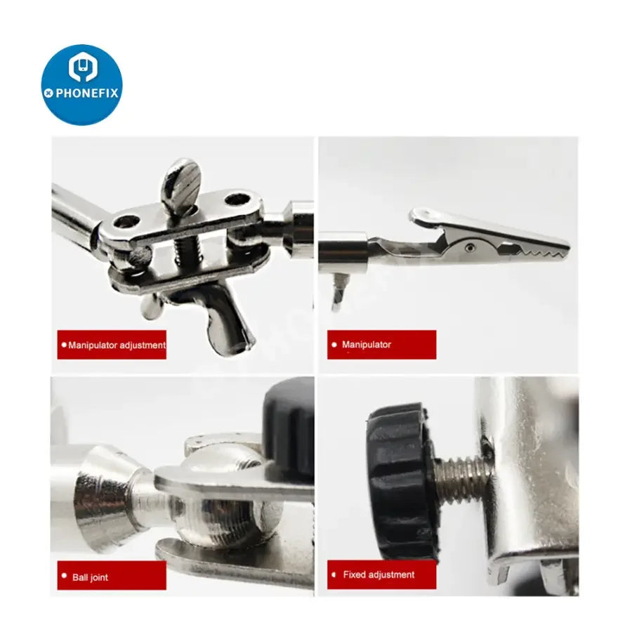 PhoneFix soldering magnifying glass with LED alligator clips, metal stand, and adjustable rework station for detailed electronics work