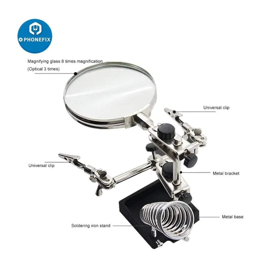 PHONEFIX soldering magnifying glass stand with LED alligator clips, ideal for detailed rework station soldering tasks.