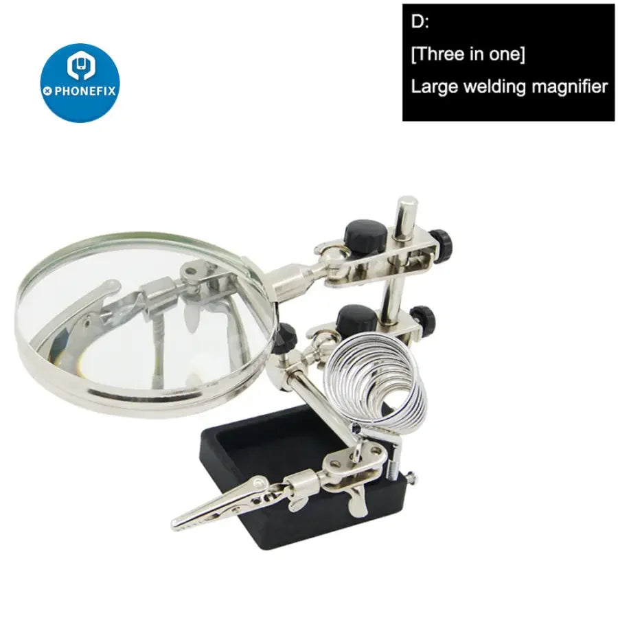 PhoneFix soldering magnifying glass stand with LED lights and alligator clips, ideal for precision rework and soldering tasks.