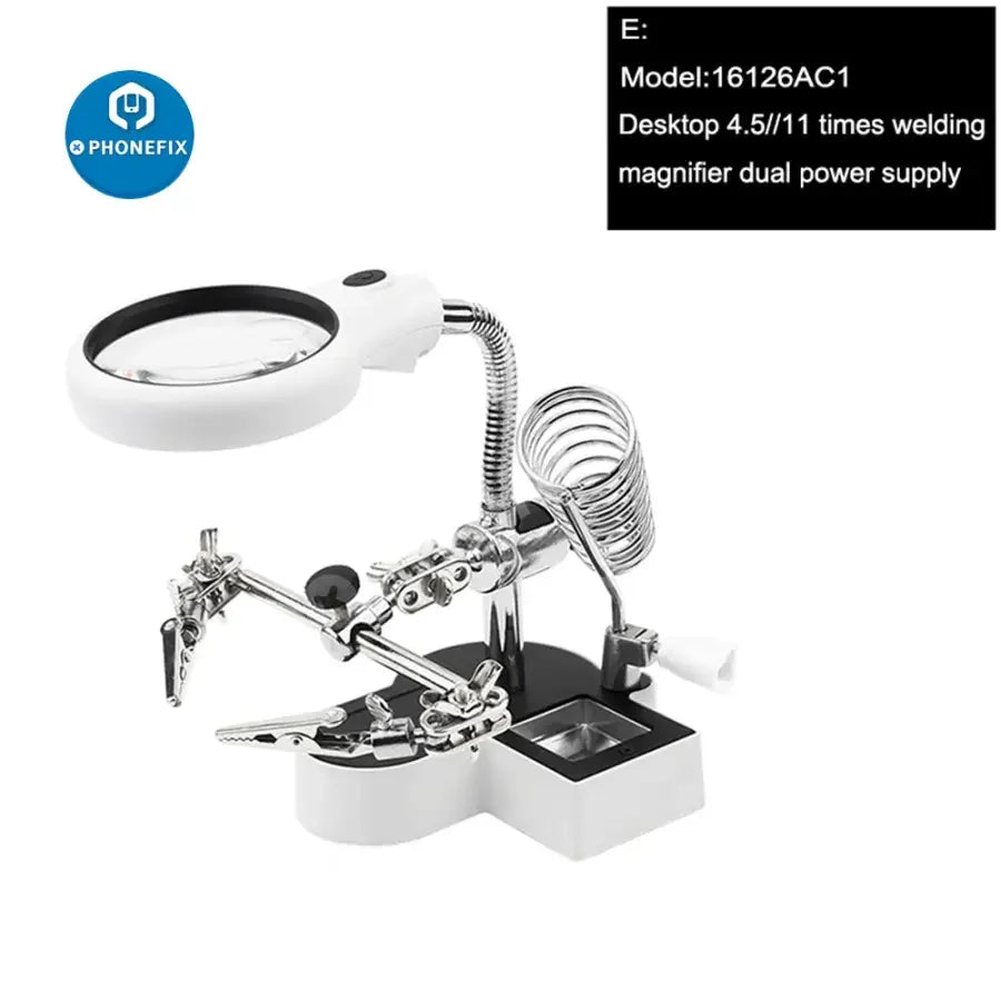 Phonefix soldering magnifying glass with LED alligator clips on a stand, ideal for detailed rework and soldering tasks.