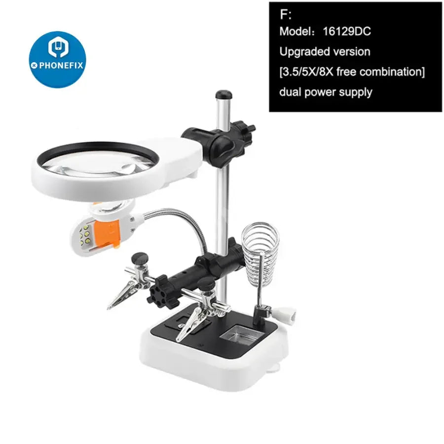 PHONEFIX soldering magnifying glass stand with LED alligator clips, ideal for detailed rework and soldering tasks.