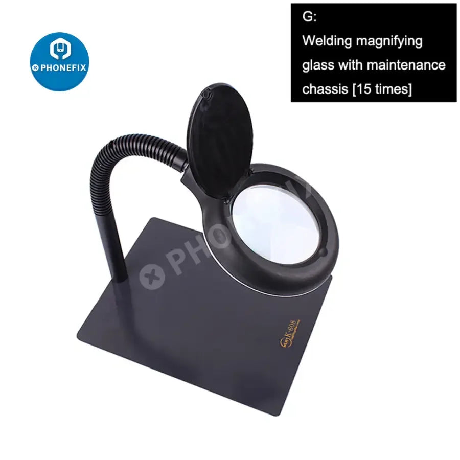 PhoneFix soldering magnifying glass with LED alligator clips, adjustable stand for precise rework station soldering tasks.