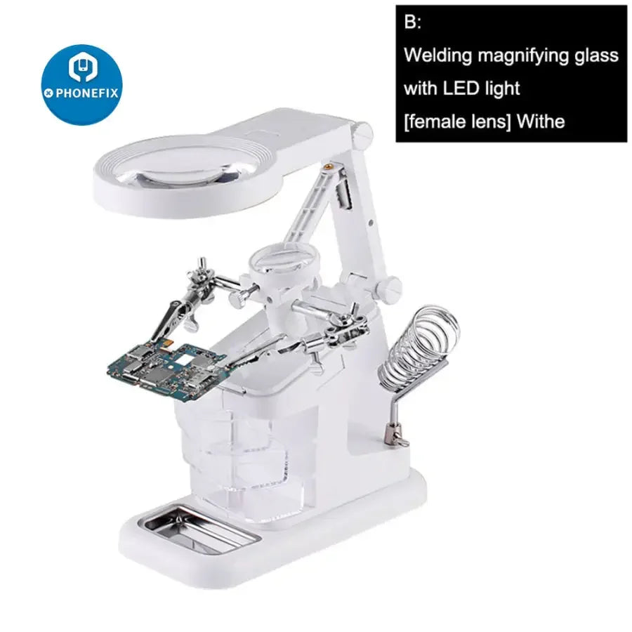 PhoneFIX magnifier soldering iron stand with LED lighting and alligator clips, ideal for detailed electronics rework and soldering tasks.