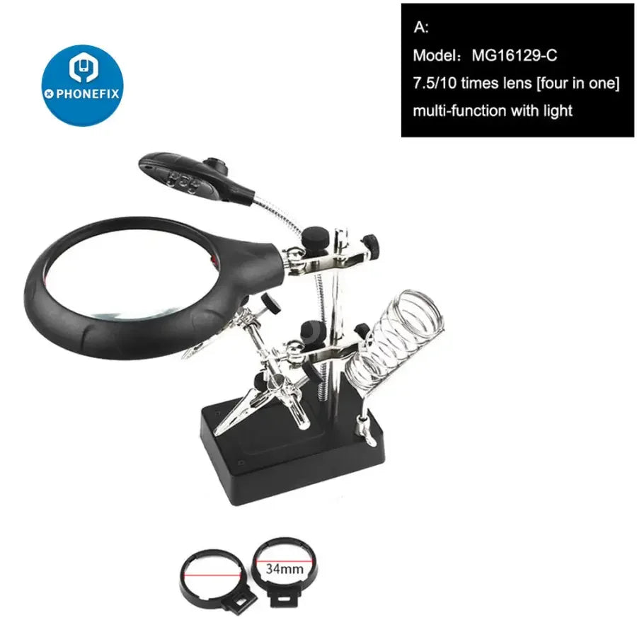 PHONEFIX soldering magnifying glass stand with LED alligator clips, ideal for rework stations and detailed soldering work.