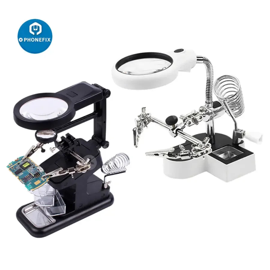 PhoneFix magnifier soldering iron stand with LED light and alligator clips, ideal for detailed rework and soldering tasks.
