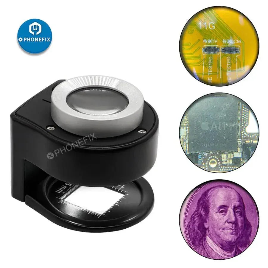 PHONEFIX 30X loupe magnifier with 6 LED lights, ideal for motherboard repair and detailed soldering work.
